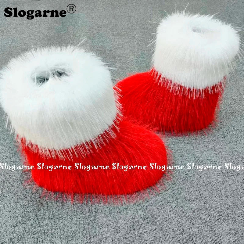 2023 Winter Santa Claus Boots Father Christmas Fur Boots Flats Girls Furry Snow Boots Platform Warm Shoes Fashion Outdoor Bottes