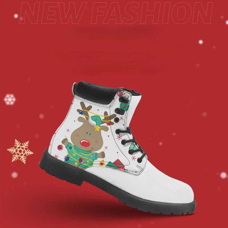 Christmas Couple Boots Men Women Four Seasons Printed British Style Work Short Boots Fashion Outdoor Street Trend Casual Shoes